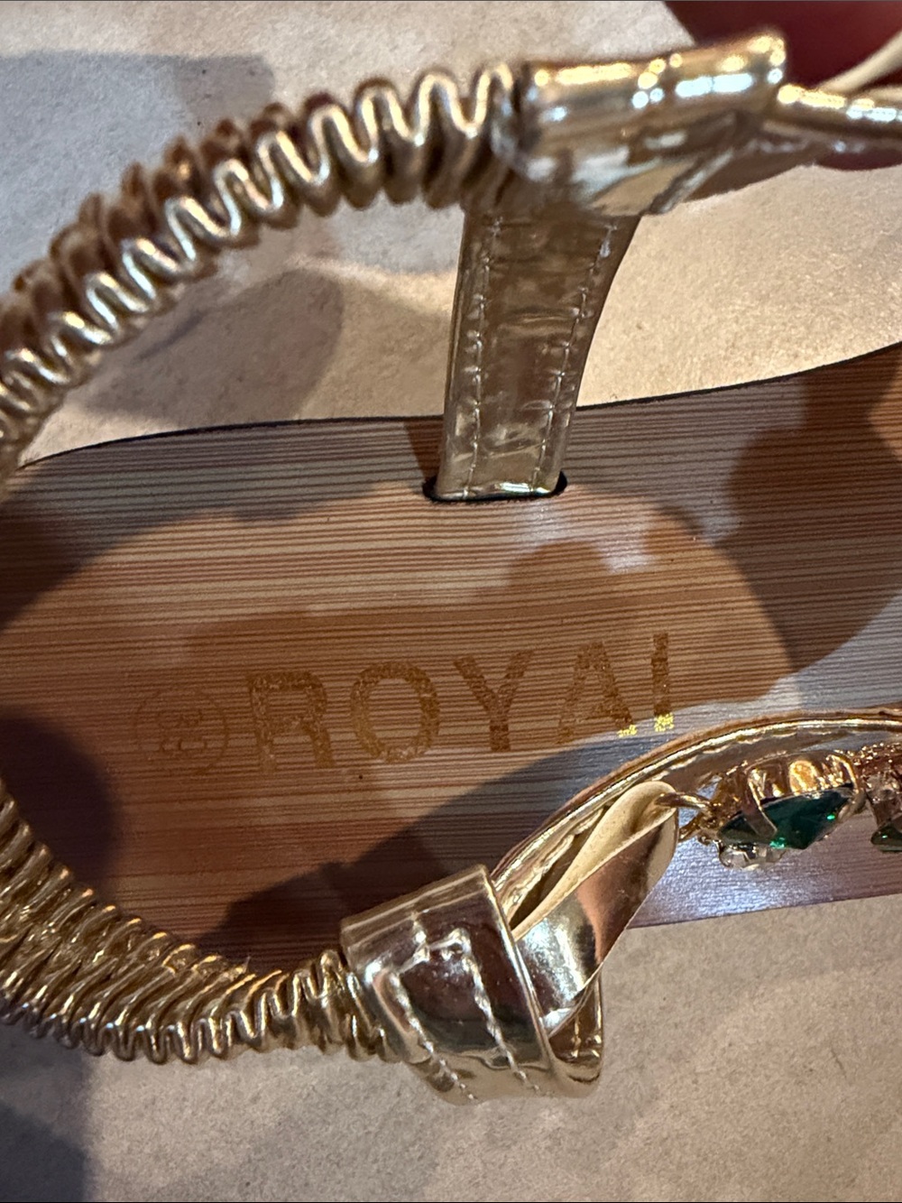 Gold T-Strap Sandals with Emerald Gem Accents - Picture 5 of 5